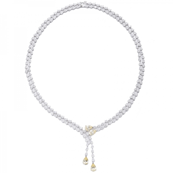 Pear Shape Diamond Yellow And White Cubic Zircon Rhodium Silver Necklace 