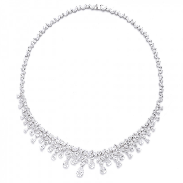 Pear Shape And Marquise White Cubic Zircon Rhodium Silver Necklace 