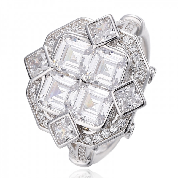 Asscher Pink And Square White Cubic Zircon Rhodium Silver Ring 