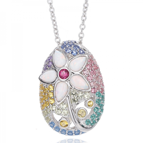 Pear Shape Opal And Round Rainbow Cubic Zircon Rhodium Silver Necklace 