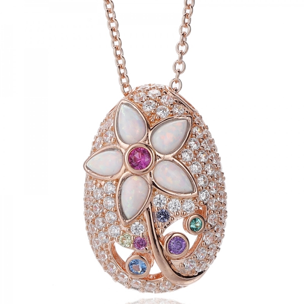 Pear Shape Opal And Round Rainbow Cubic Zircon Rhodium Silver Necklace 