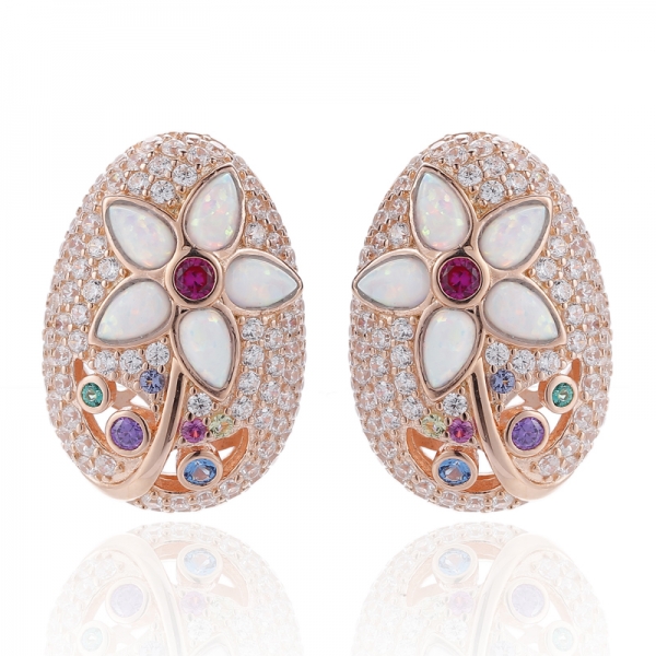 Pear Shape Opal And Round Rainbow Cubic Zircon Rhodium Silver Earring 