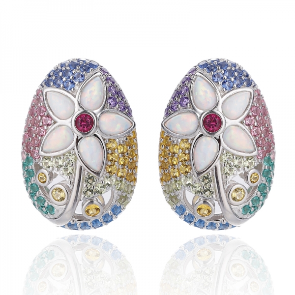 Pear Shape Opal And Round Rainbow Cubic Zircon Rhodium Silver Earring 