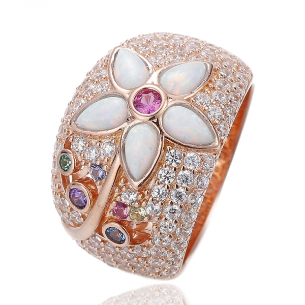 Pear Shape Opal And Round Rainbow Cubic Zircon Rhodium Silver Ring 