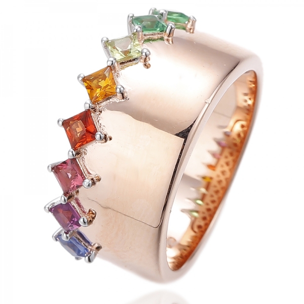 Square Blue Gradient Cubic Zircon Silver Ring With Rose Gold Plating 