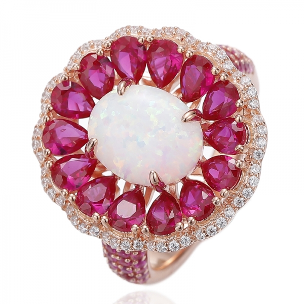 Oval Shape Opal And Pear Shape Rainbow Cubic Zircon Rhodium Silver Ring 