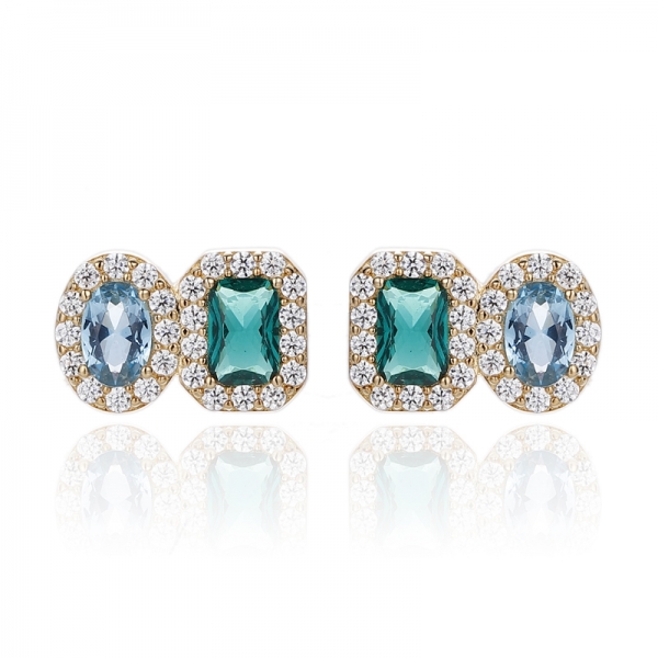 Emerald Green Nano And Oval Shape Sky Blue Cubic Zircon Silver Earring With Glod Plating 