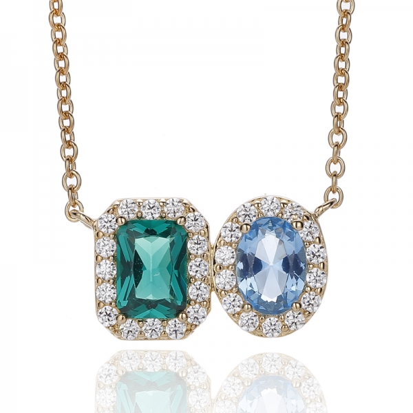 Emerald Green Nano And Oval Shape Sky Blue Cubic Zircon Silver Necklace With Glod Plating 