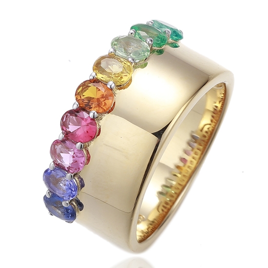 Oval Shape Green Gradient Cubic Zircon Silver Ring With Gold Plating 