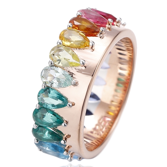 Pear Shape Violet Gradient Cubic Zircon Silver Ring With Rose Gold Plating 