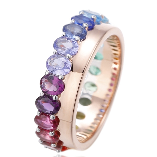 Oval Shape Rainbow Cubic Zircon Silver Ring With Rose Gold Plating 