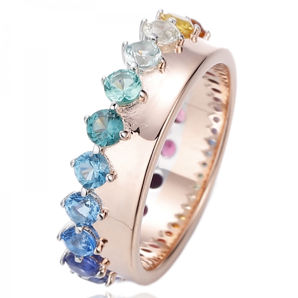 Round Blue Gradient Cubic Zircon Silver Ring With Rose Gold Plating 