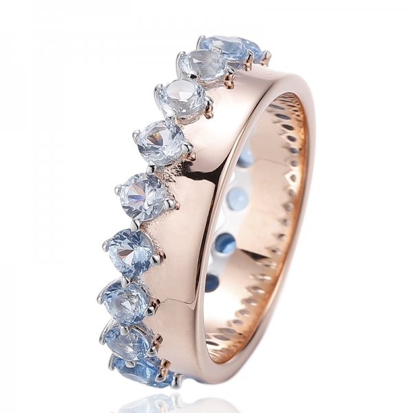 Round Blue Gradient Cubic Zircon Silver Ring With Rose Gold Plating 