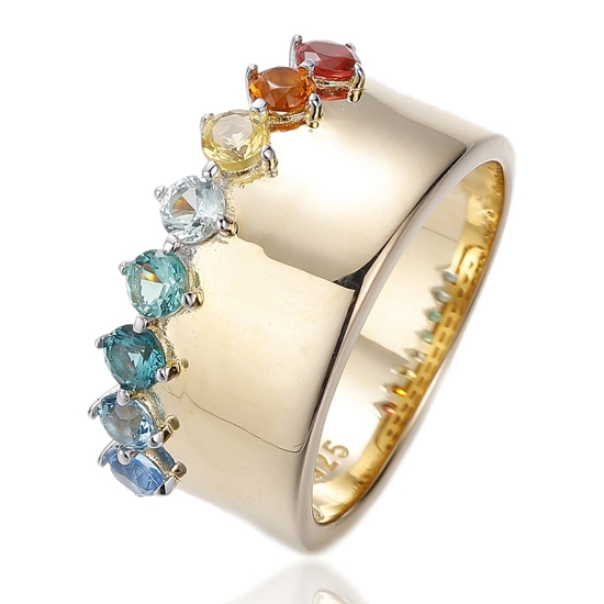 Round Rainbow Cubic Zircon Silver Ring With Gold Plating 