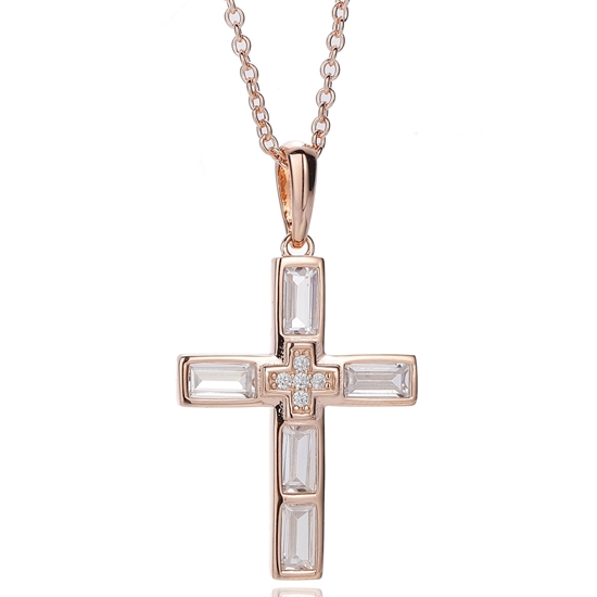 Baguette And Round White Cubic Zircon Silver Pendant With Rose Glod Plating 