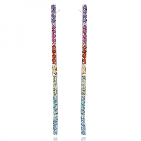925 Baguette And Round Rainbow Cubic Zircon Rhodium Silver Earring 