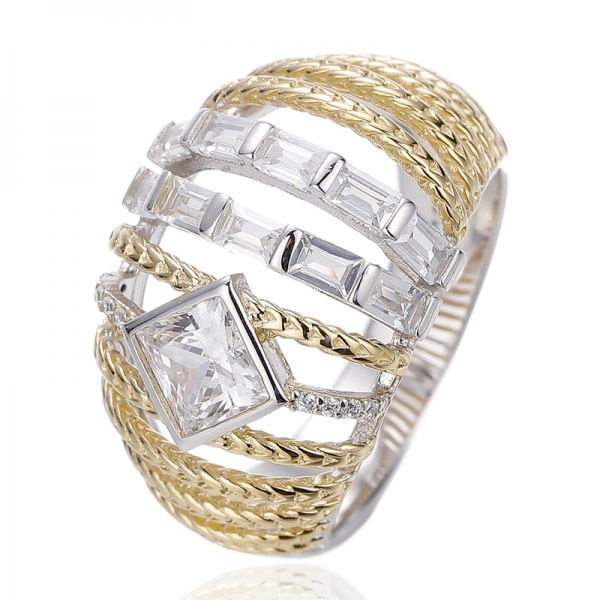 Square Diamond Pink And Baguete White Cubic Zircon Silver Ring With Rhodium And Rose Gold Plating 