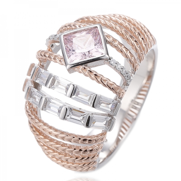 Square Diamond Pink And Baguete White Cubic Zircon Silver Ring With Rhodium And Rose Gold Plating 