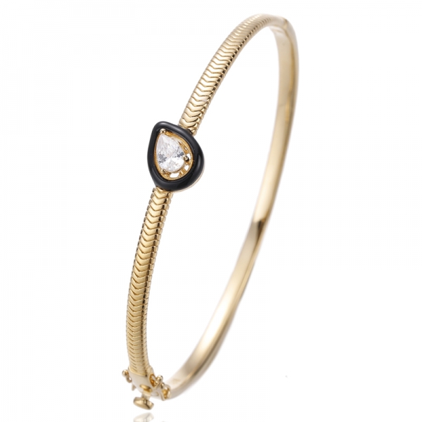 Pear Shape White Cubic Zircon And Black Enamel Silver Bangle With Gold Plating 