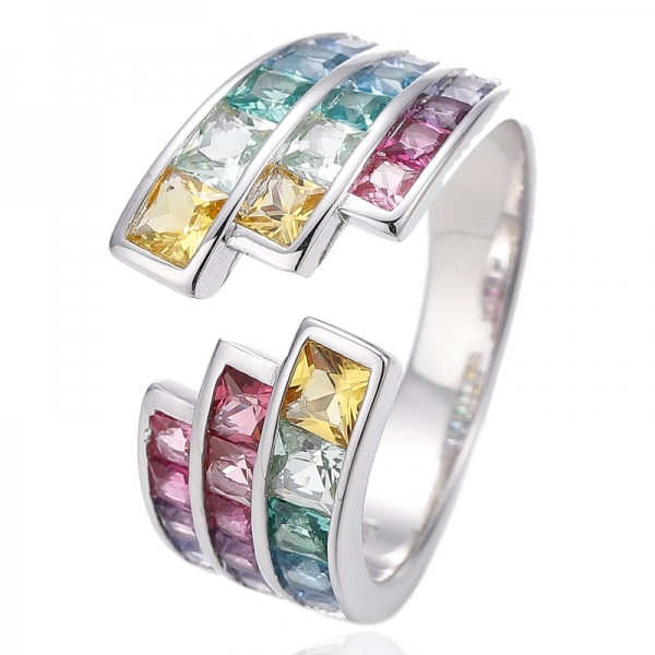 Square Rainbow Cubic Zircon Rhodium Silver Ring 