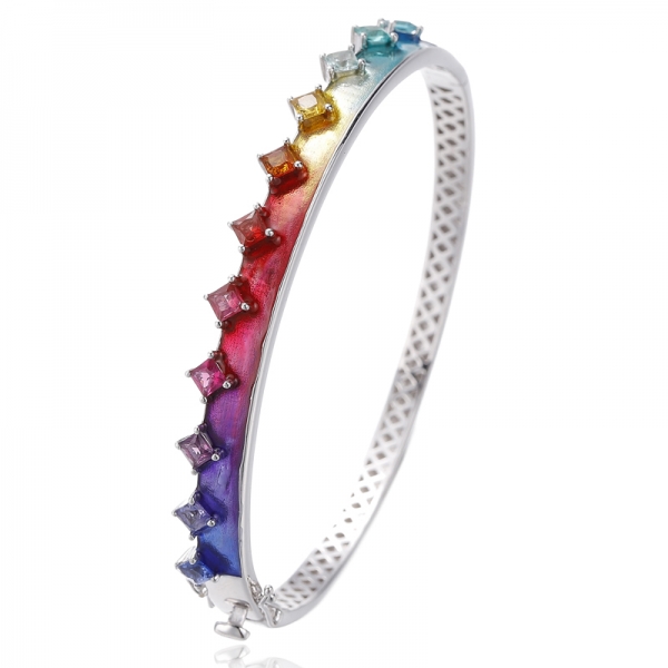 Square Rainbow Cubic Zircon And Rainbow Enamel Rhodium Silver Bangle 
