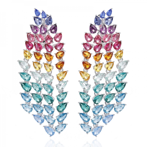 Pear Shape Rainbow Cubic Zircon Rhodium Silver Earring 