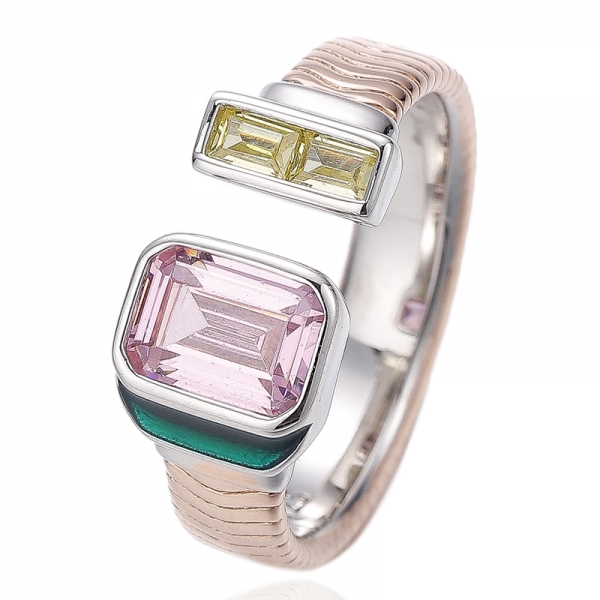 Emerald And Baguette White Cubic Zircon Two Tones Plating Silver Ring With Black Enamel 