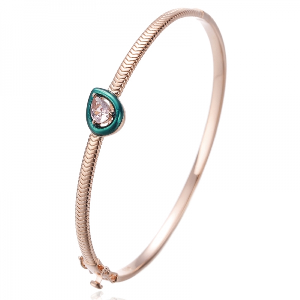 Pear Shape White Cubic Zircon And Black Enamel Silver Bangle With Gold Plating 