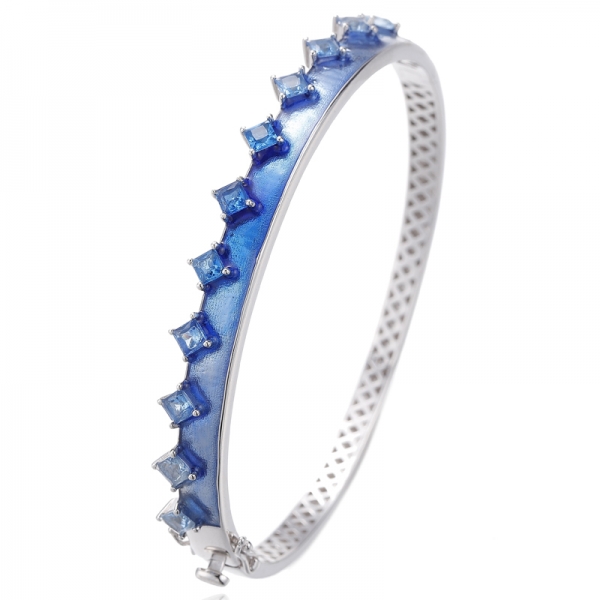 Square Rainbow Cubic Zircon And Rainbow Enamel Rhodium Silver Bangle 