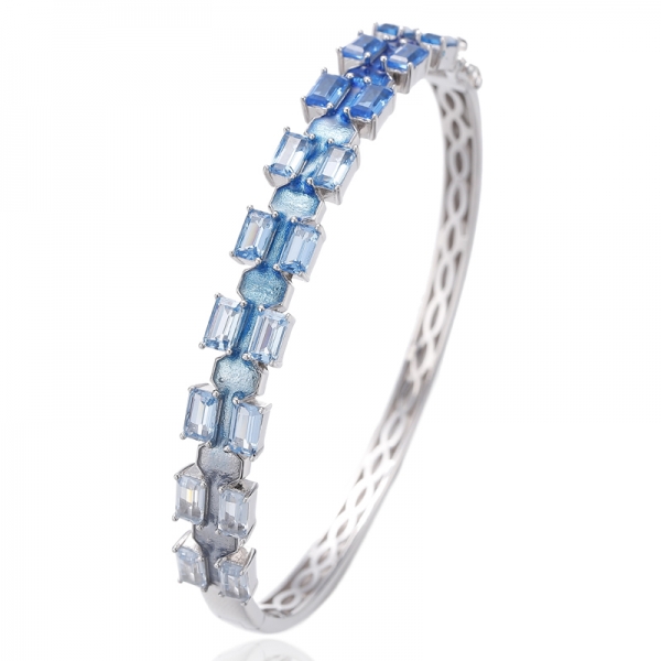 Emerald Cut Rainbow Cubic Zircon And Rainbow Enamel Rhodium Silver Bangle 