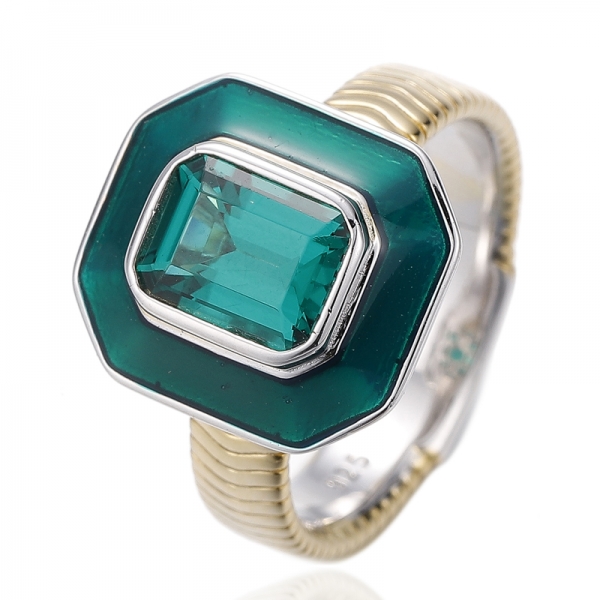 Emerald Green Nano And Green Enamel Silver Ring With Rhodium And Gold Plating 