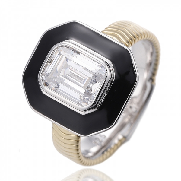 Emerald Green Nano And Green Enamel Silver Ring With Rhodium And Gold Plating 