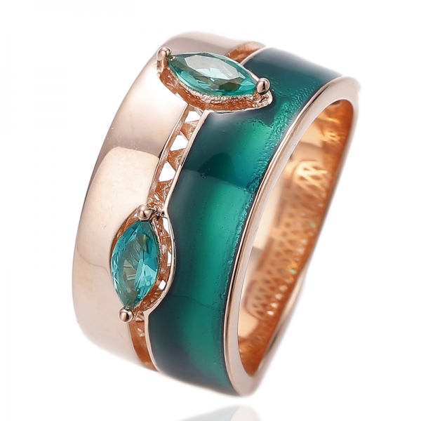 Marquise Green Nano And Green Enamel Silver Ring With Rose Gold Plating 