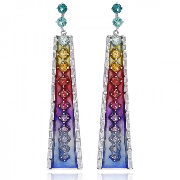 Round Rainbow Cubic Zircon And Rainbow Enamel Rhodium Silver Earring 