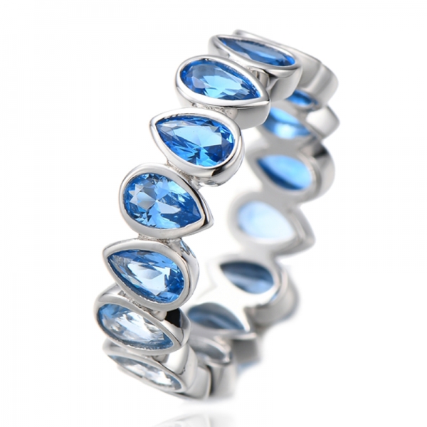 Pear Shape Blue Gradient Cubic Zircon Rhodium Silver Eternity Ring 