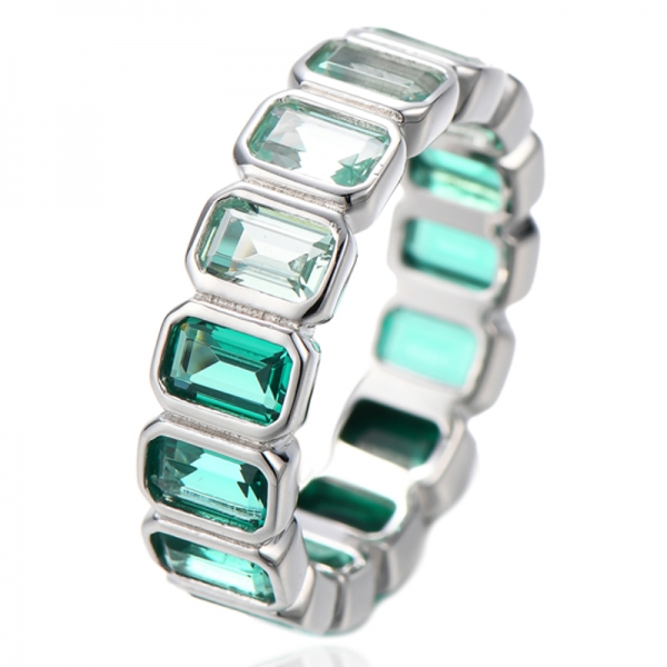 Emerald Cut Green Gradient Cubic Zircon Rhodium Silver Eternity Ring 