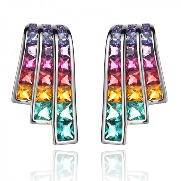Square Rainbow Cubic Zircon Rhodium Silver Earring 
