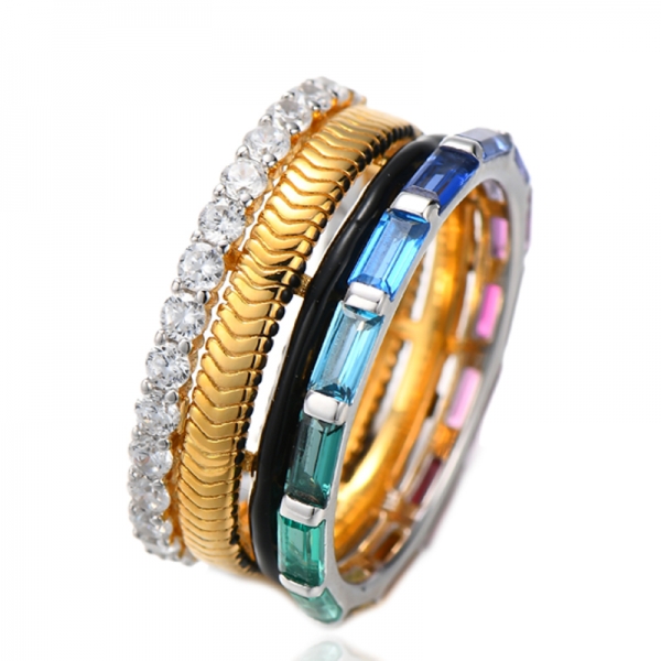 Round Rainbow Cubic Zircon And Black Enamel Silver Ring With Two Tones Plating 