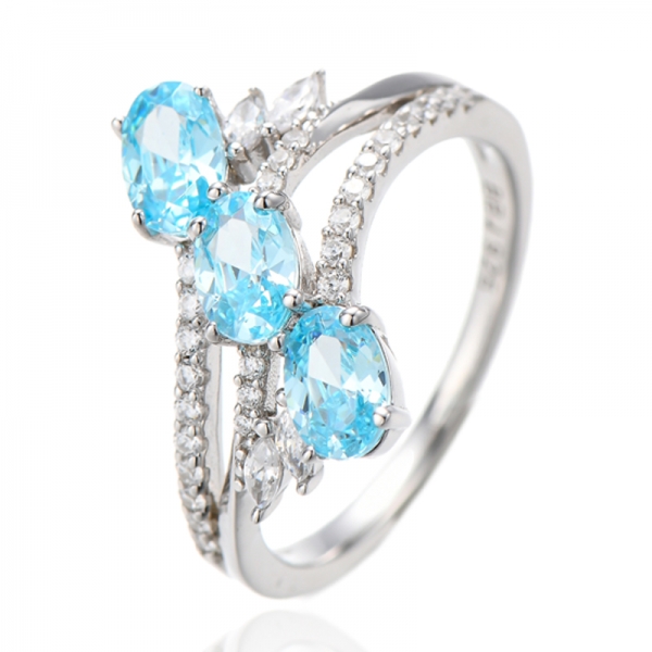 Oval Shape Diamond Blue And Marquise White Cubic Zircon Rhodium Silver Ring 