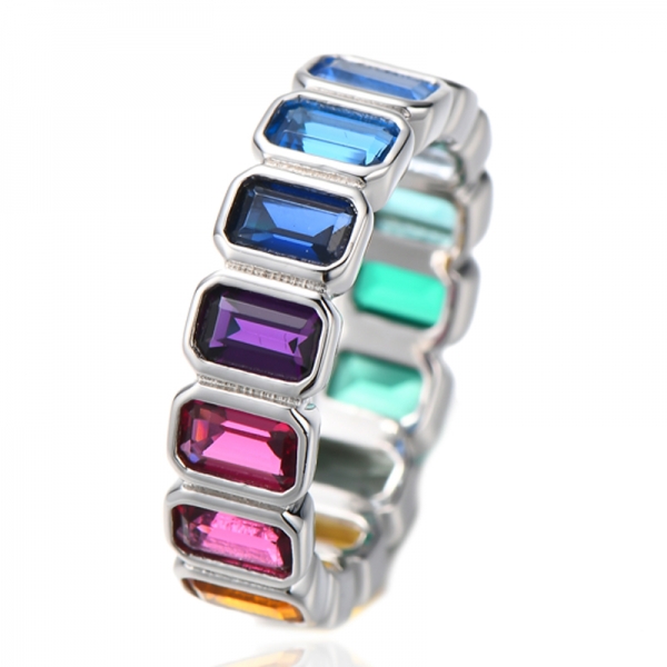 Emerald Cut Green Gradient Cubic Zircon Rhodium Silver Eternity Ring 