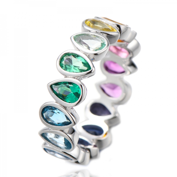 Pear Shape Blue Gradient Cubic Zircon Rhodium Silver Eternity Ring 