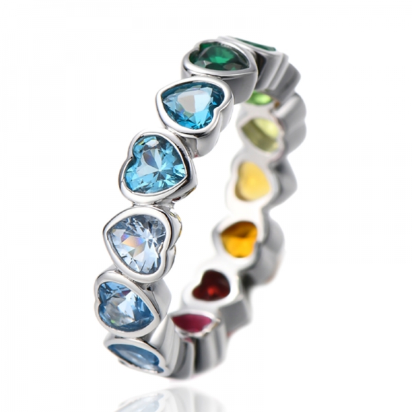Heart Shape Rainbow Cubic Zircon Rhodium Silver Ring 