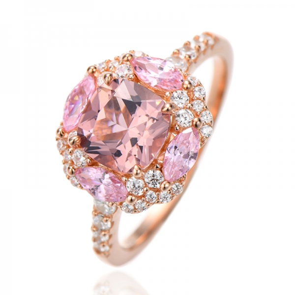 Cushion Morganite Nano And Marquise Pink Cubic Zircon Silver Ring With Rose Gold Plating 