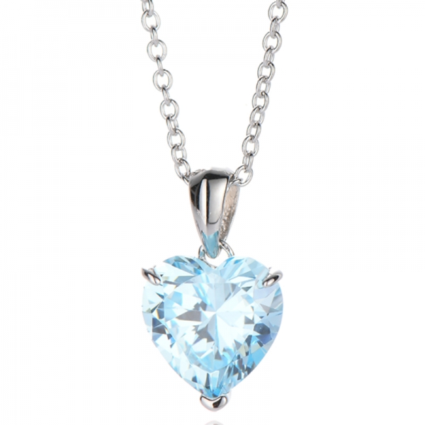 Heart Shape Diamond Blue Cubic Zircon Rhodium Silver Necklace 