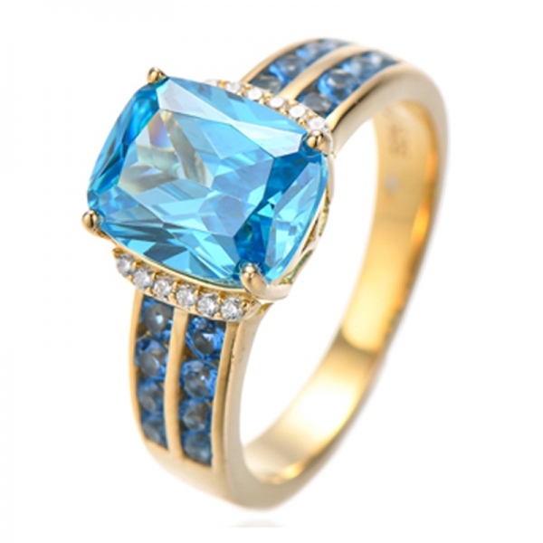 Cushion And Round Deep Aquamarine Nano Silver Ring With Gold Plating 