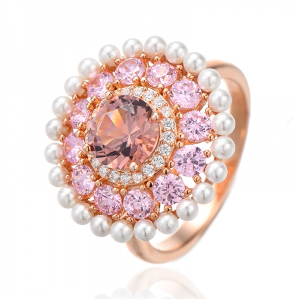 925 Round Morganite Nano And Pink Cubic Zircon Silver Ring With Rose Gold Plating 