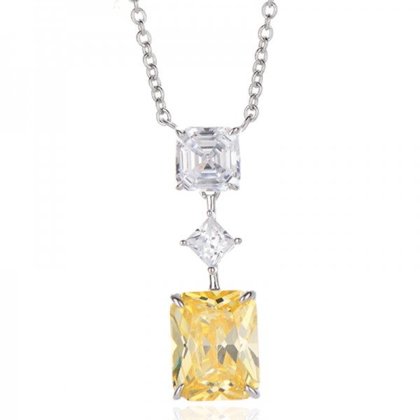 Octagon Diamond Yellow And Asscher White Cubic Zircon Rhodium Silver Necklace 