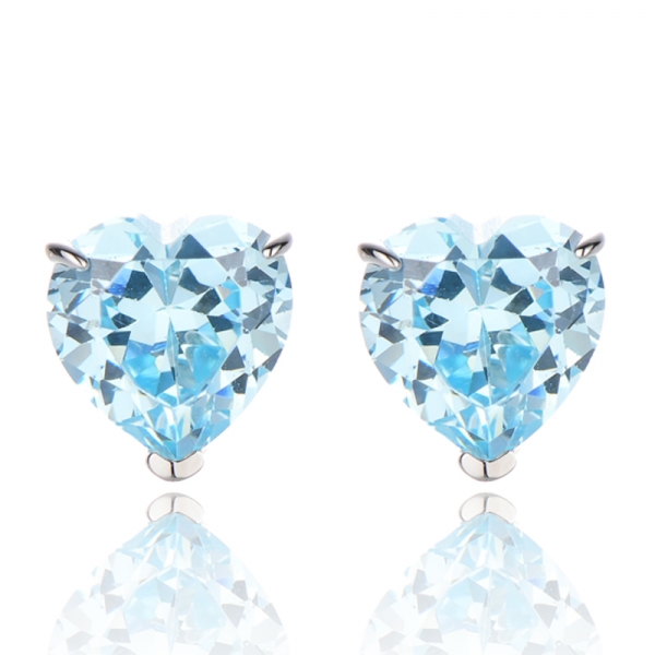 Heart Shape Diamond Blue Cubic Zircon Rhodium Silver Earring 