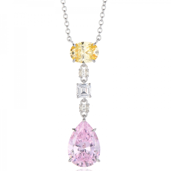 Pear Shape Diamond G Cubic Zircon And Asscher Green Nano Rhodium Silver Necklace 