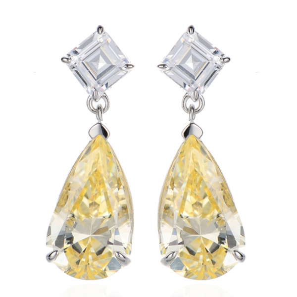 Pear Shape Diamond Yellow And Asscher White Cubic Zircon Rhodium Silver Earring 